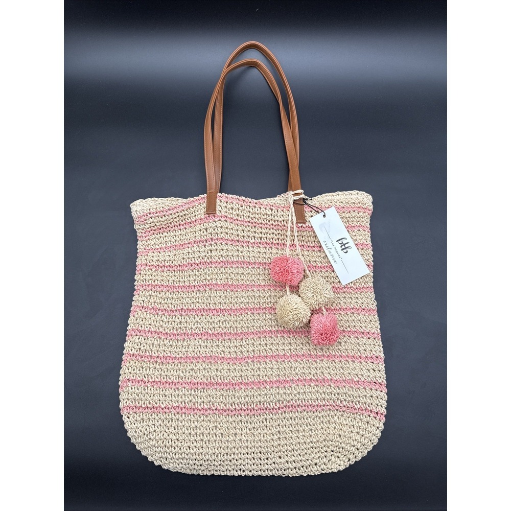 btb Los Angeles Lucy Tote, Straw Woven‎ Pom Pom Vacation Beach Bag, Natural, NWT